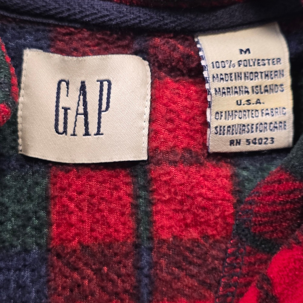 Vintage Gap Fleece Pullover M Red Green Mens 1/4 Zip Plaid Polyester Mock Neck - Picture 7 of 10